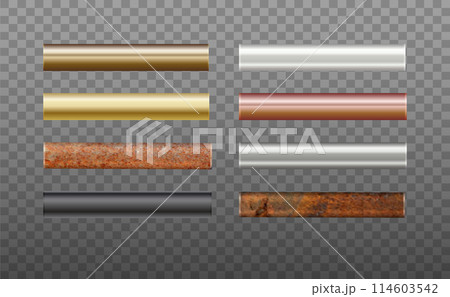 Pipes Set of metal. Pipe profiles in steel, cast iron, aluminum, copper and brass. Rusty Pipe. Vector Pipes Set of metal. Pipe profiles in steel, cast iron, aluminum, copper and brass. Rusty Pipe. Vector 114603542
