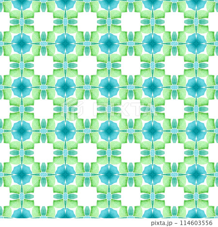 Ikat repeating swimwear design. Green wondrous boho chic summer design. Textile ready amazing print, swimwear fabric, wallpaper, wrapping. Watercolor ikat repeating tile border. 114603556
