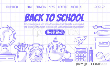 School supplies vector website template. Globe with books, apple, backpack with stationery, paper airplane, calculator, alarm clock, notebook and glasses. For web, landing page. Checkered background 114603656