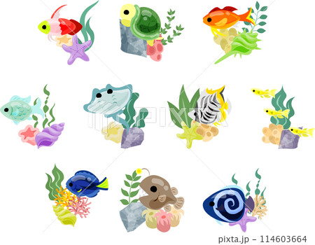 アクアリウムを彷彿とさせる、美しい魚たちのアイコンセットです。 114603664