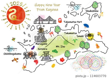香川県の観光地のイラストマップ年賀状2025年 香川県の観光地のイラストマップ年賀状2025年 114603770