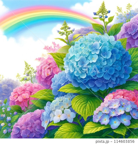 梅雨に咲く紫陽花と虹 114603856