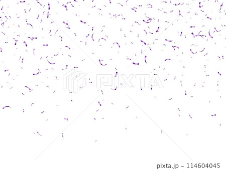 Purple confetti, falling paper ribbons isolated on white background. Birthday party decoration. 114604045