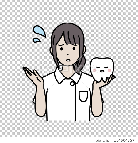 Illustration of a dentist and a female dental hygienist warning about dental troubles 114604357