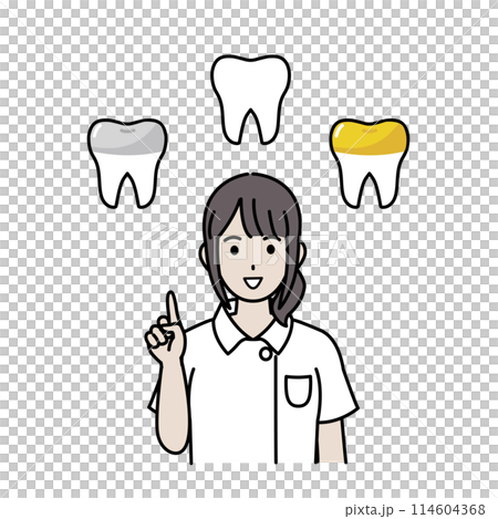 女牙醫和牙科保健員解釋填充物和嵌體的插圖 114604368