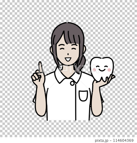 歯について説明する歯医者、歯科衛生士の女性のイラスト 114604369