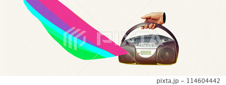 Banner. Contemporary art collage. Hand hold radio from which floating colorful drawing lines as music against light background. 114604442