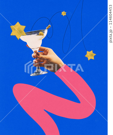Poster. Contemporary art collage. Drawn hand holds tropical cocktail against vivid blue background. Relax vibe 114604453