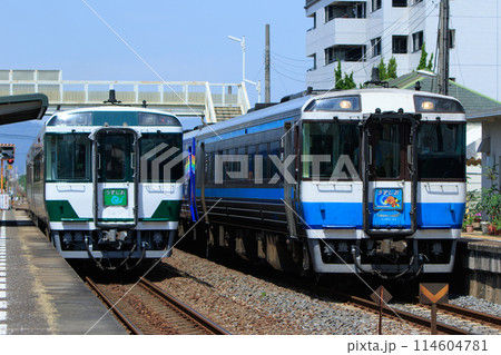 屋島駅で行き違う特急「うずしお」（JR四国　キハ185系） 114604781