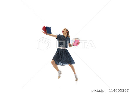 Emotional woman, office worker, employee with notes and documents emotionally running, being late isolated on white background 114605397