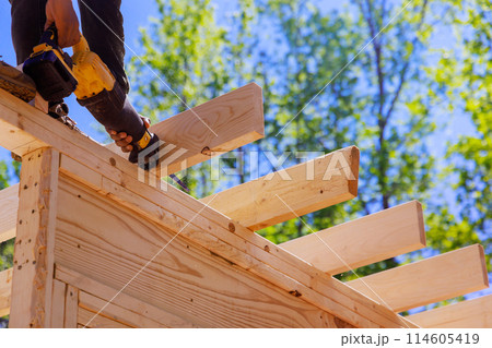 Power tool wood cutting beams construction theme working with reciprocating saw Power tool wood cutting beams construction theme working with reciprocating saw 114605419
