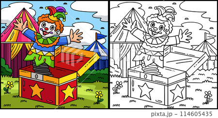 Circus Clown In A Box Colored Illustration 114605435