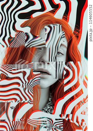 A woman's face is cut up into pieces and pasted onto a black 114605552
