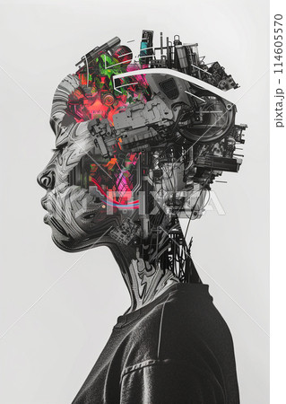 A woman's head is made of various objects, including a car, a building 114605570