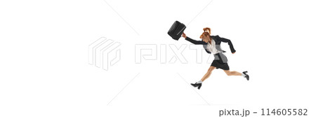 Motivated and confident woman, employee in formal wear, with briefcase running forward with focus and intention isolated on white background 114605582