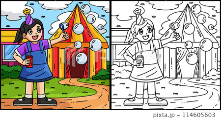 Circus Girl Blowing Bubbles Colored Illustration 114605603