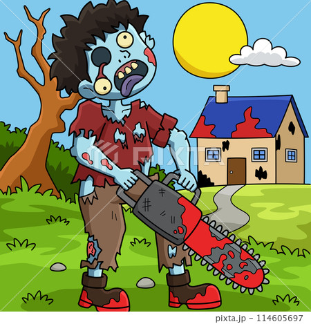 Zombie with Chainsaw Colored Cartoon Illustration Zombie with Chainsaw Colored Cartoon Illustration 114605697