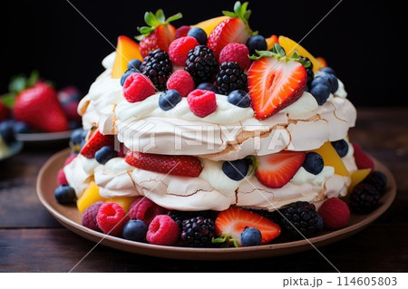 Pavlova cake topped with fruit. Generative AI 114605803