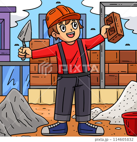 Construction Mason Holding Brick Colored Cartoon Construction Mason Holding Brick Colored Cartoon 114605832