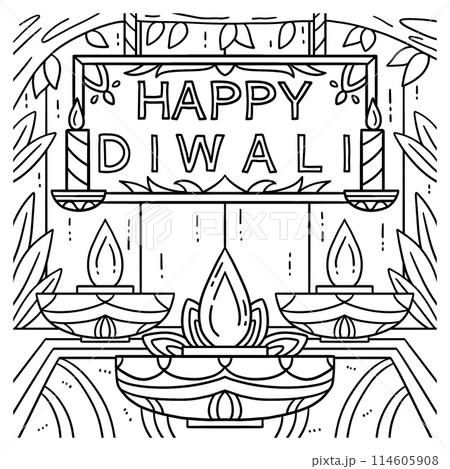 Happy Diwali on Top of Candle Coloring Page  114605908