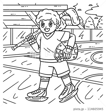 Ice Hockey Female Player Holding Helmet Coloring 114605945