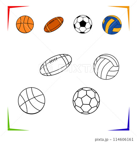 Basketball, Volleyball, American football ball Coloring Page. Vector Educational worksheet. Basketball, Volleyball, American football ball Coloring Page. Vector Educational worksheet. 114606161