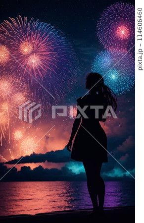 花火　女性　シルエット「AI生成画像」模様 114606460