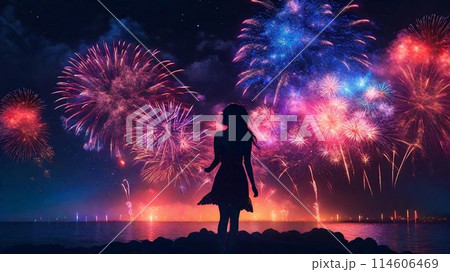 花火　女性　シルエット「AI生成画像」模様 114606469