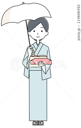 水色の着物を着て白い日傘を差してお中元を持った女性のイラスト 水色の着物を着て白い日傘を差してお中元を持った女性のイラスト 114606492