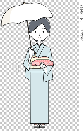 水色の着物を着て白い日傘を差してお中元を持った女性のイラスト 水色の着物を着て白い日傘を差してお中元を持った女性のイラスト 114606492