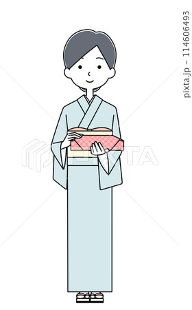 水色の着物を着てお中元を持った女性のイラスト 水色の着物を着てお中元を持った女性のイラスト 114606493
