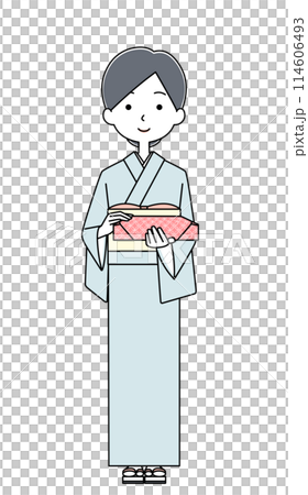 水色の着物を着てお中元を持った女性のイラスト 水色の着物を着てお中元を持った女性のイラスト 114606493