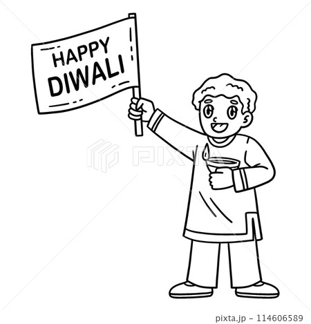 Diwali Child with a Happy Banner Isolated Coloring 114606589
