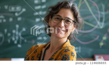 The teacher in the classroom of the school with a blackboard background. AIG43. 114606693