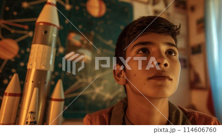 The close up picture of south american boy planning to become astronaut . AIG43. 114606760
