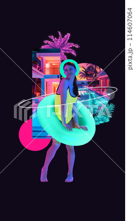 Contemporary art collage. Young lady in swimwear posing with vibrant lifebuoy against black background with abstract neon elements. Contemporary art collage. Young lady in swimwear posing with vibrant lifebuoy against black background with abstract neon elements. 114607064