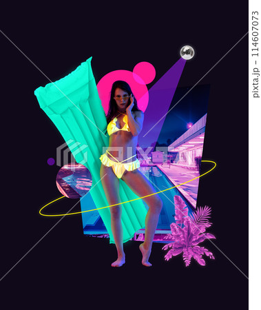 Contemporary art collage. Young lady posing holds air-matrass under surreal moon, disco ball near pool against black background with abstract neon elements. Contemporary art collage. Young lady posing holds air-matrass under surreal moon, disco ball near pool against black background with abstract neon elements. 114607073