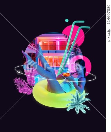 Contemporary art collage. Young lady at luxury vacation sitting in vibrant lifebuoy and drinks cocktail against black background with abstract neon elements. Contemporary art collage. Young lady at luxury vacation sitting in vibrant lifebuoy and drinks cocktail against black background with abstract neon elements. 114607080