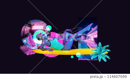 Contemporary art collage. Woman in swimsuit lying on glowing yellow air-matrass and resting against black background with abstract neon elements. 114607099