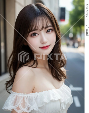 繁華街でキメ顔するロングヘアの女性 114607405