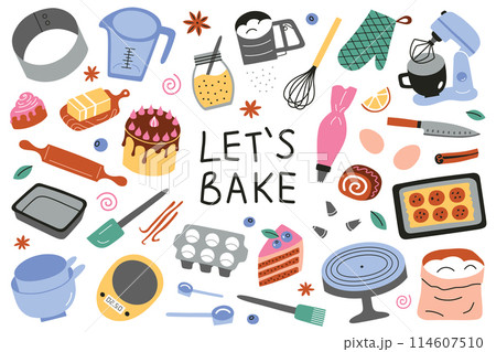 Baking utensils set, kitchenware collection, whisk, sifter, mixer doodle icons, vector illustrations of ingredients for cookies and cakes, cartoon baker equipment with lettering, lets bake 114607510