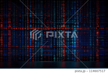 Blue and red digital binary data on laptop screen 114607517