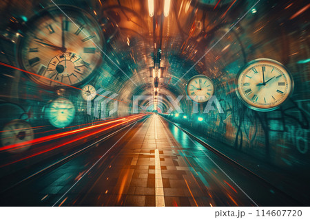 Time travel traffic is captured in hyperspace tunnel lined with clocks surreal visual manner AI Generative 114607720