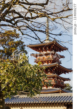 奈良 木の隙間越しに見た薬師寺の西塔 奈良 木の隙間越しに見た薬師寺の西塔 114608277