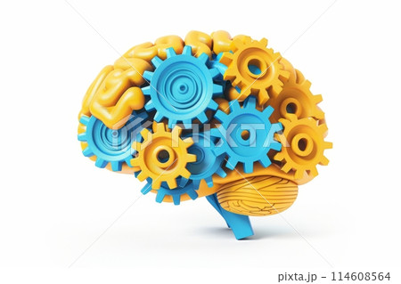 Vibrant gears symbolizing cognitive processes and intelligence in a creative brain concept against a white backdrop Vibrant gears symbolizing cognitive processes and intelligence in a creative brain concept against a white backdrop 114608564