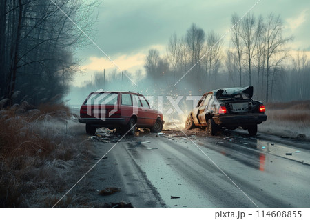 Two vehicles involved serious collision on road resulting in car crash AI Generative 114608855