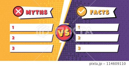 Facts vs myths template. Comparison list of 3 myths and facts with versus symbol and lightning divider. Comic style battle vector background Facts vs myths template. Comparison list of 3 myths and facts with versus symbol and lightning divider. Comic style battle vector background 114609110
