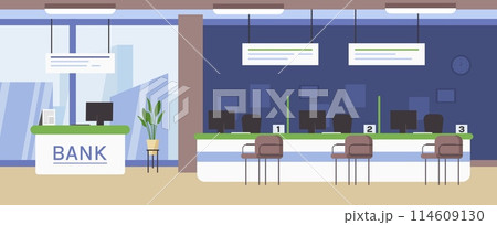 Bank office interior. Customer service counter at bank lobby, banking workplace flat vector background illustration 114609130