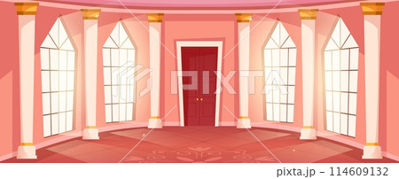 Ballroom hall background. Cartoon medieval castle interior with tall windows, royal grand hall vector illustration 114609132