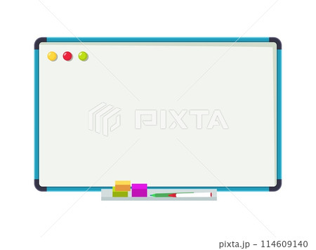 Empty whiteboard. Clean office board with markers and color magnets isolated cartoon vector illustration 114609140